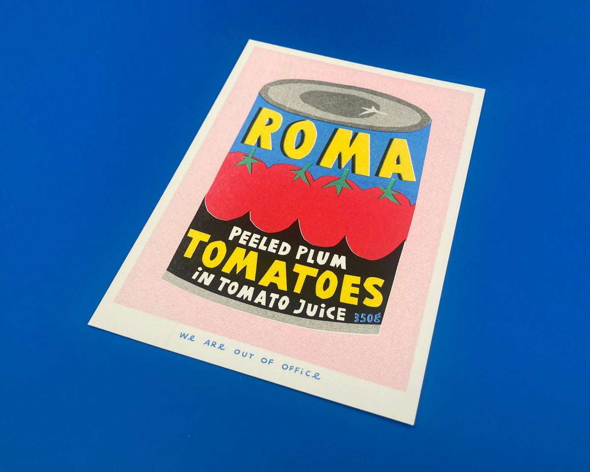 A risograph print of a can of Roma plum Tomatoes