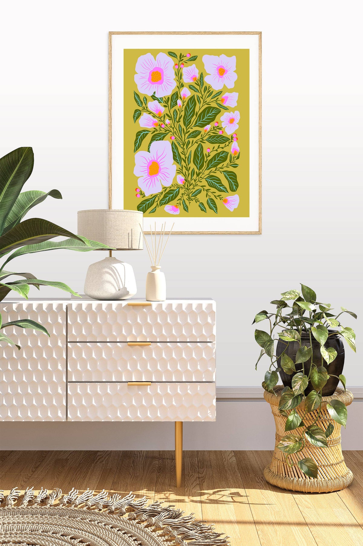 Green and Lilac Floral Illustration Blooms Art Print