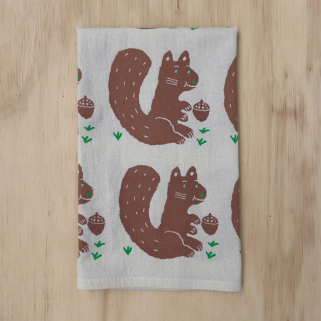 Squirrel and nut tea towel