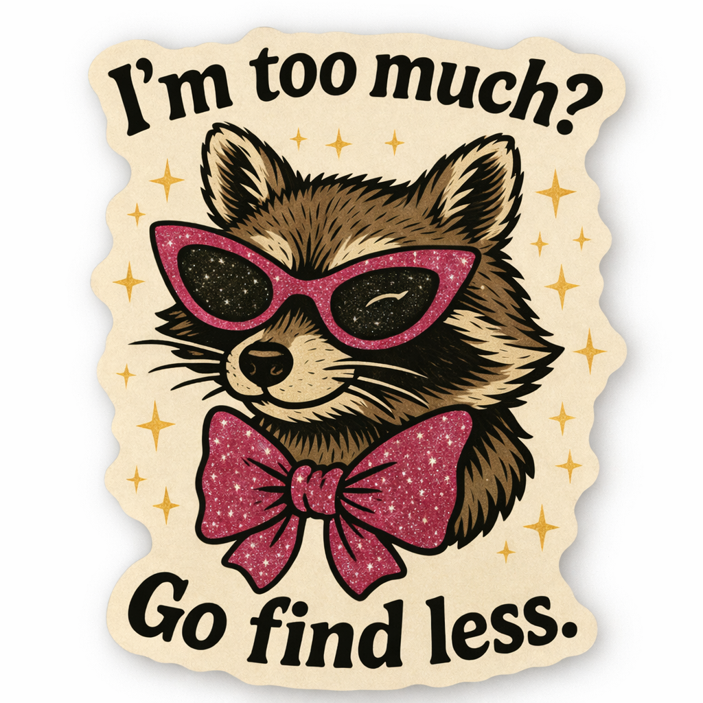 I’m Too Much Raccoon Sticker – Sassy Glitter Sunglasses