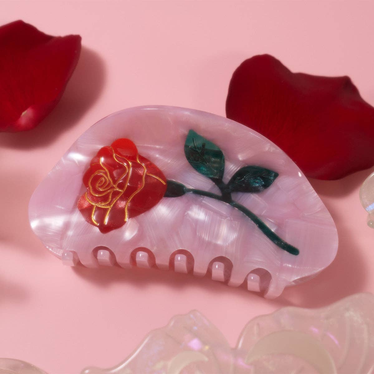 Belle Pink Single Red Rose Acetate Hair Claw