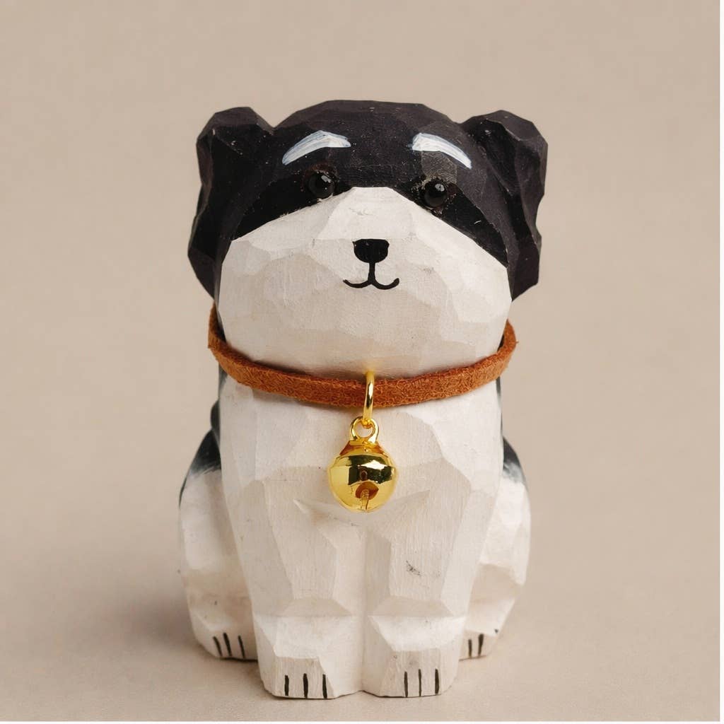 Hand-Carved Basswood Dog Figurine with Bell: A6