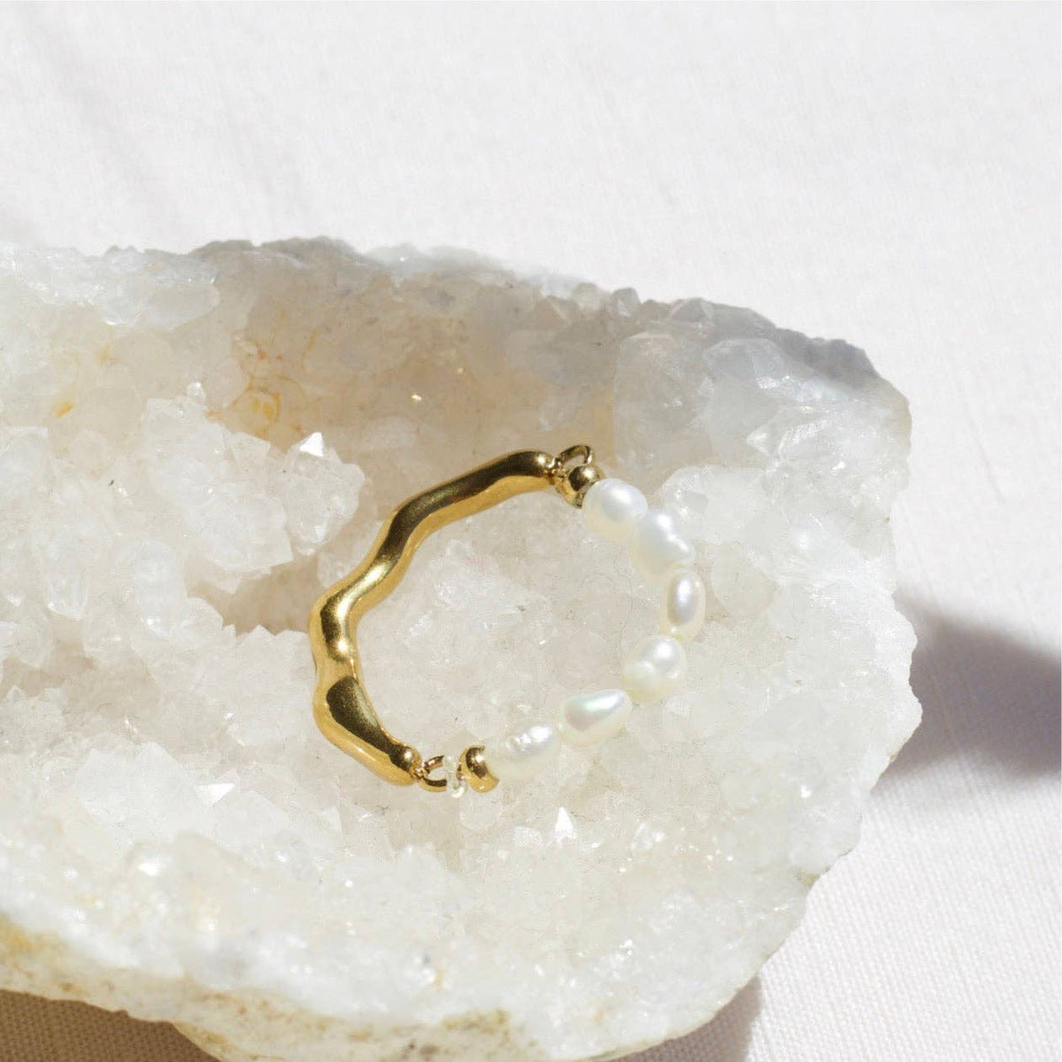 Hubert - Half Pearl Half Gold Band Textured Ring