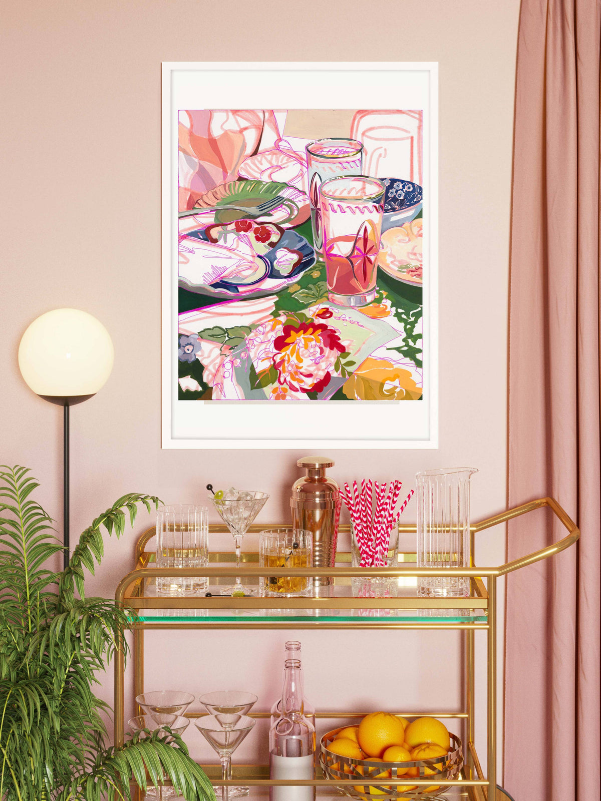 "Brunch Party" Pink Retro Still Life Signed Giclee Print: 8x10"'