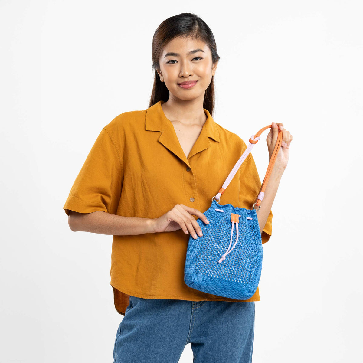 Drawstring Raffia Mini Bag: Cobalt