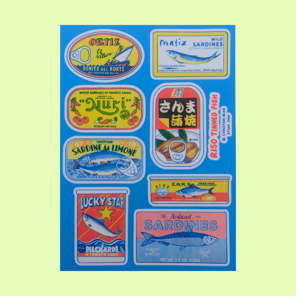 Tinned Fish Riso Sticker Sheet | 5"x7"