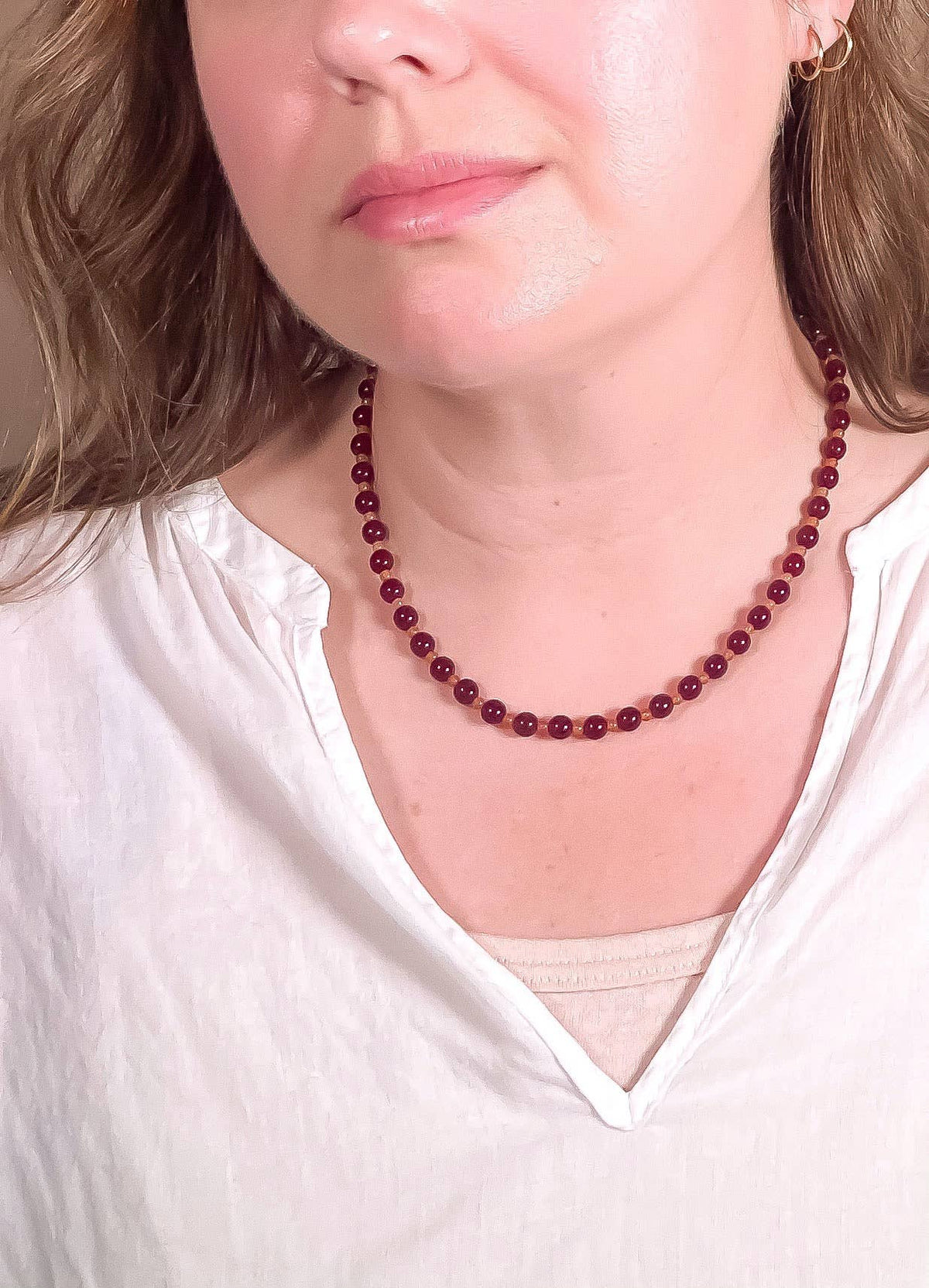 Red + Carnelian Glass Beaded Necklace: 17"