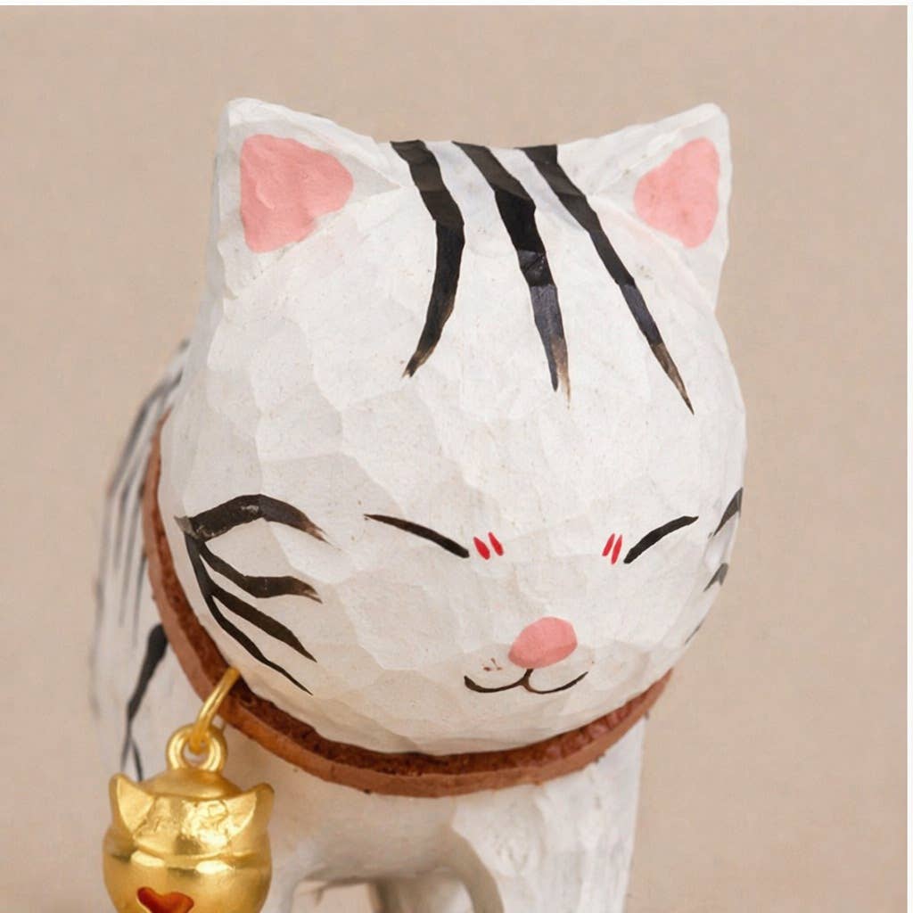 Hand-Carved Basswood Cat Figurine with Bell: A9