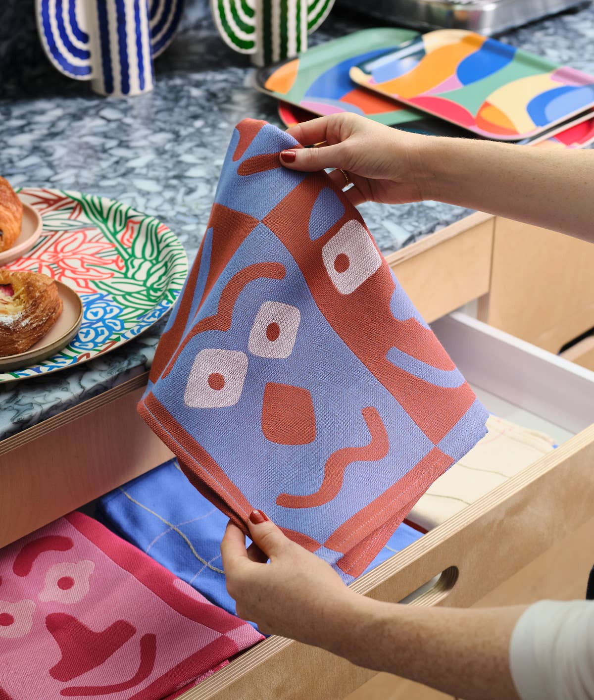 Making Faces Blue/Brown Woven Cotton Tea Towel