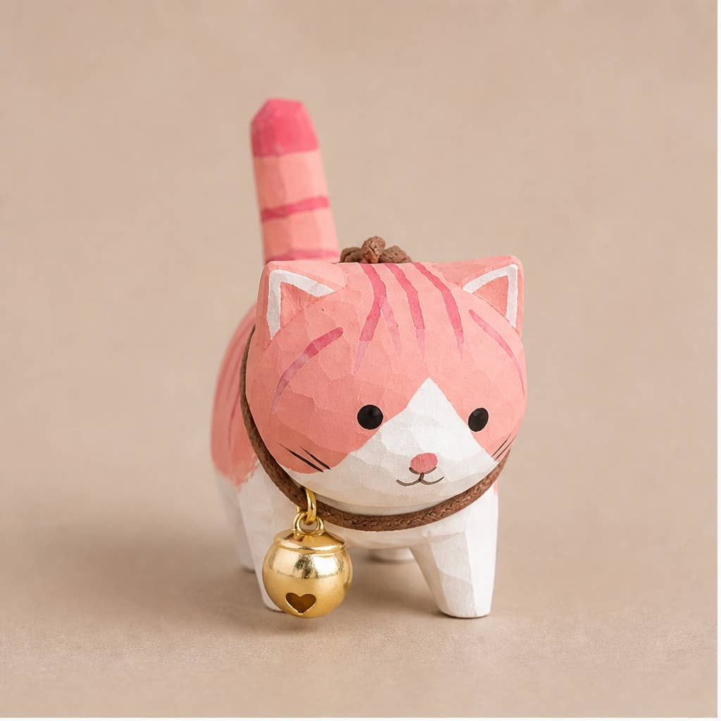 Hand-Carved Basswood Cat Figurine with Bell: A1