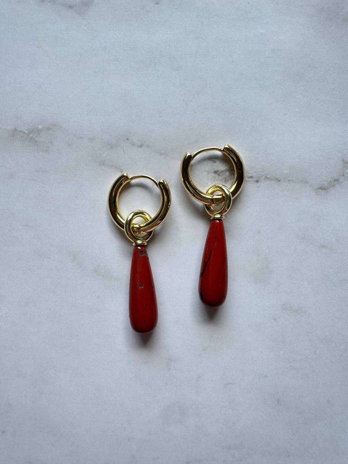 Amara Gemstone Drop Huggie Hoop Earrings: Red Jasper