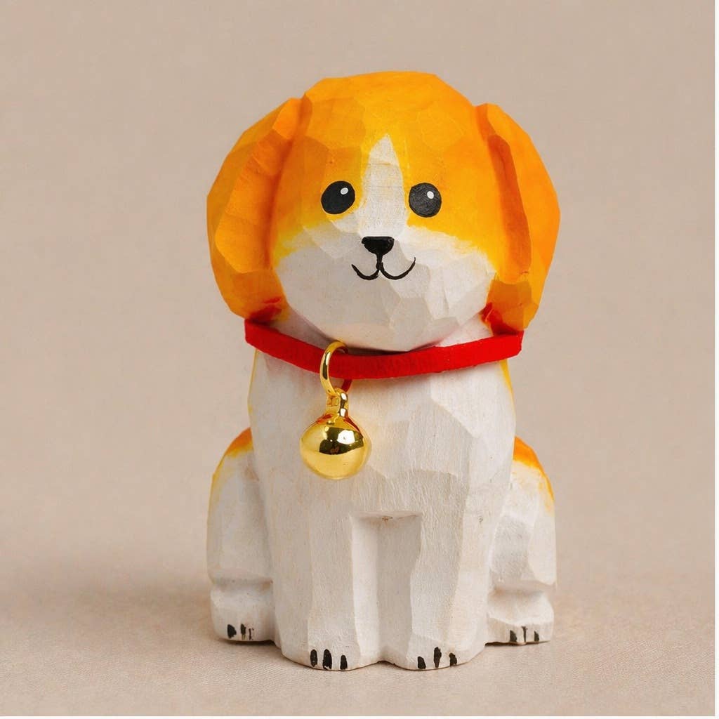 Hand-Carved Basswood Dog Figurine with Bell: A4