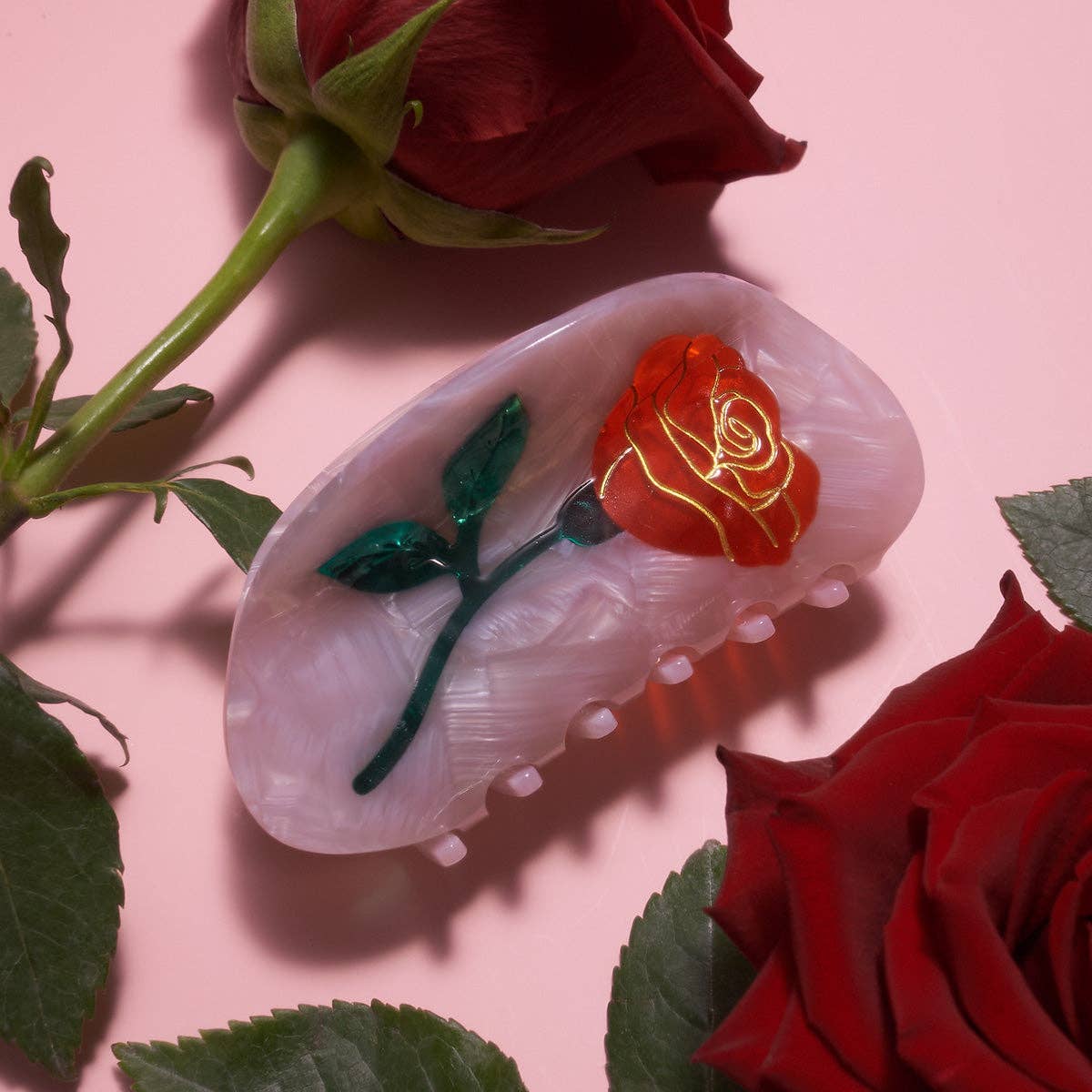 Belle Pink Single Red Rose Acetate Hair Claw