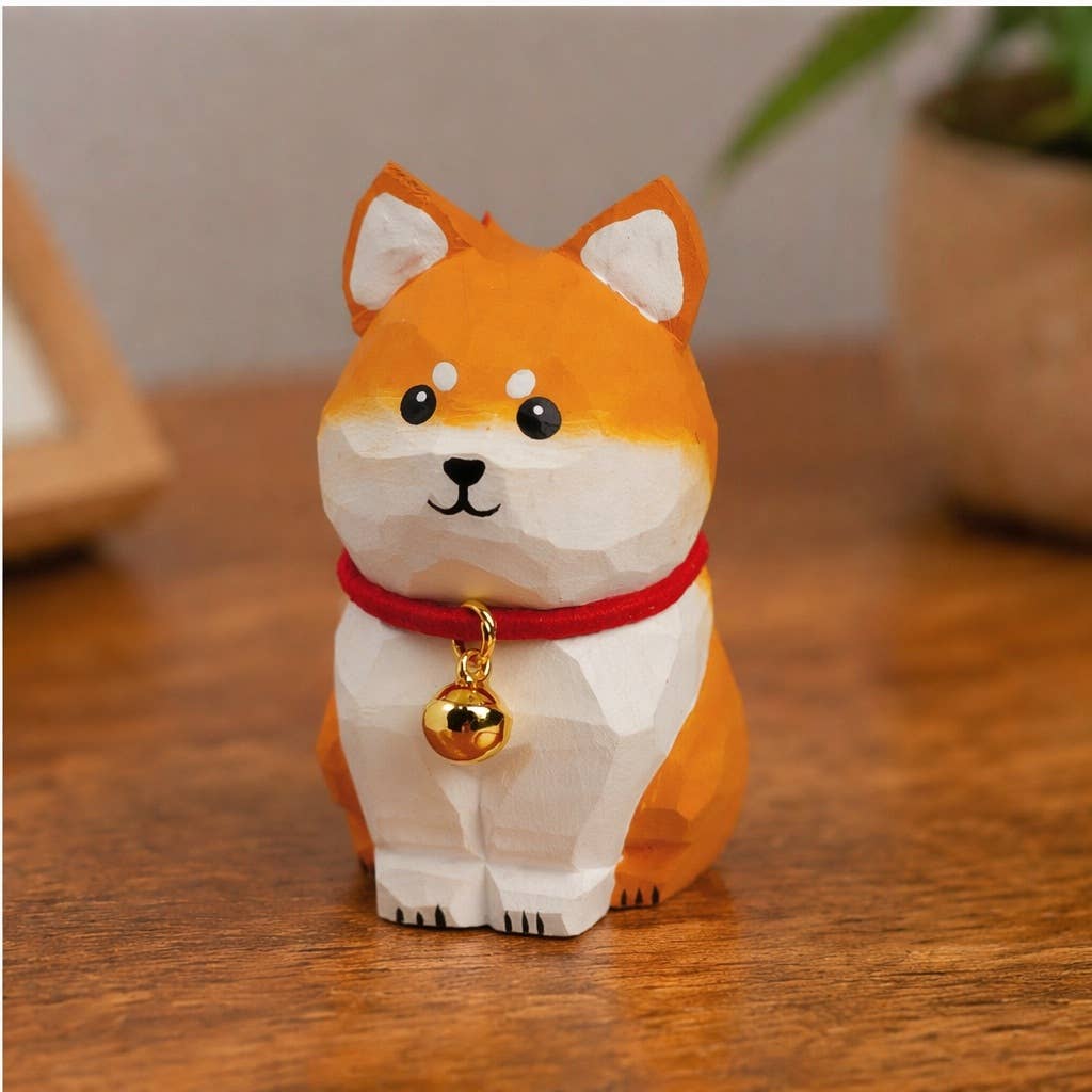 Hand-Carved Basswood Dog Figurine with Bell: A1