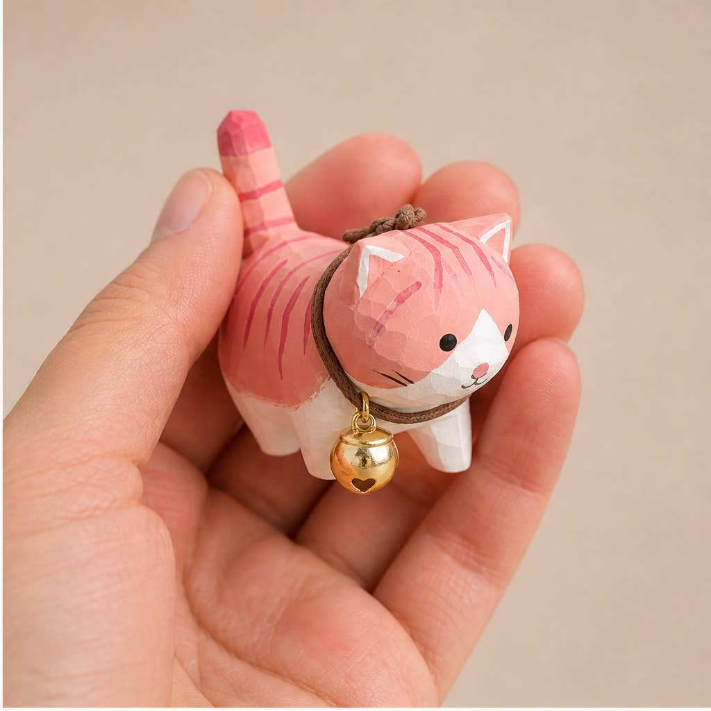 Hand-Carved Basswood Cat Figurine with Bell: A1
