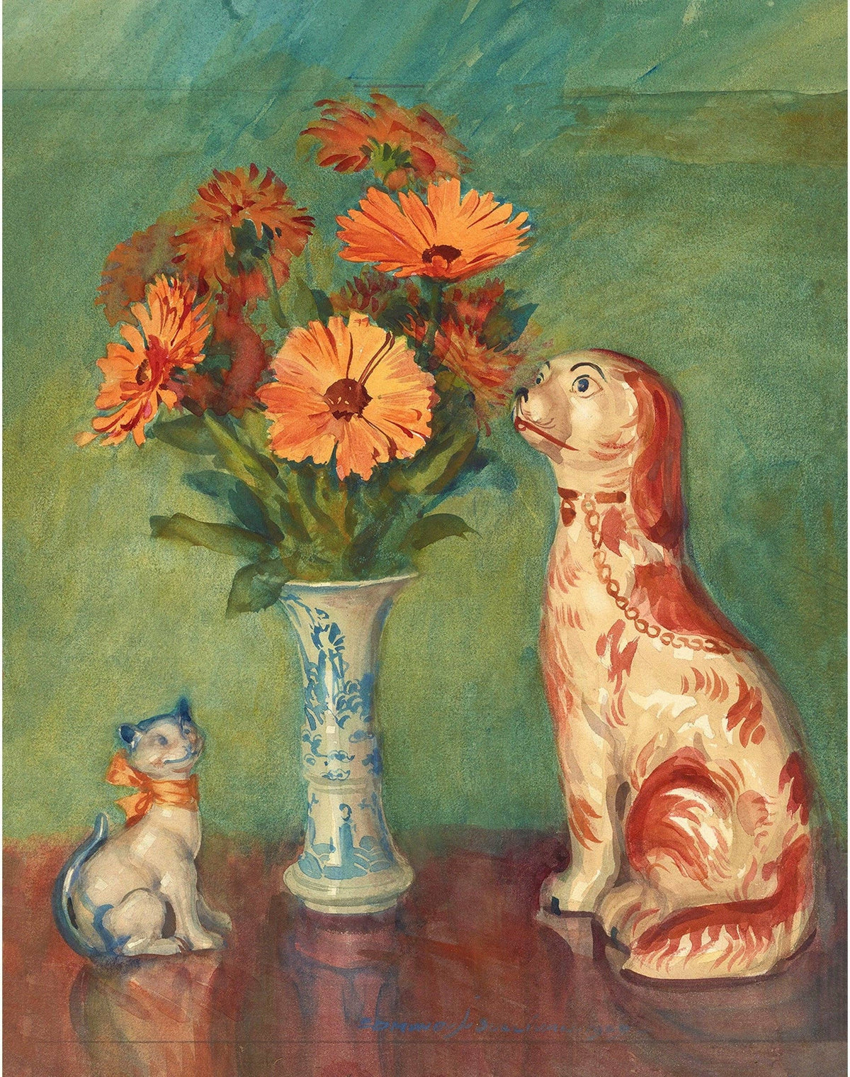 French still life | Lares et Penates |  Marigolds & Staffordshire dog | Flowers with cat, dog | Animal wall art | Art nouveau print: 8x10 Inches