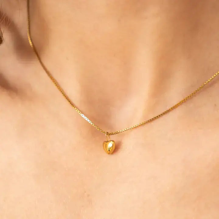 Waterproof Dainty Puffy Heart Necklace: Yellow Gold