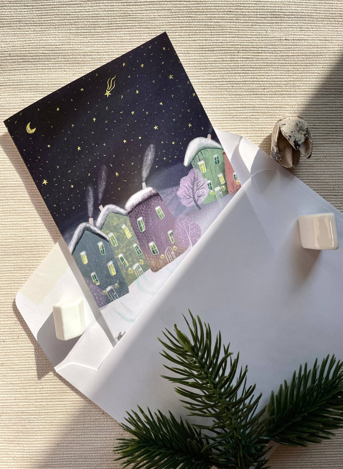 Starry Winter Night & Cozy Village Greeting Card | Christmas & New Year | Peaceful Holiday Scene with Playful Cats | 4x6 Blank Inside