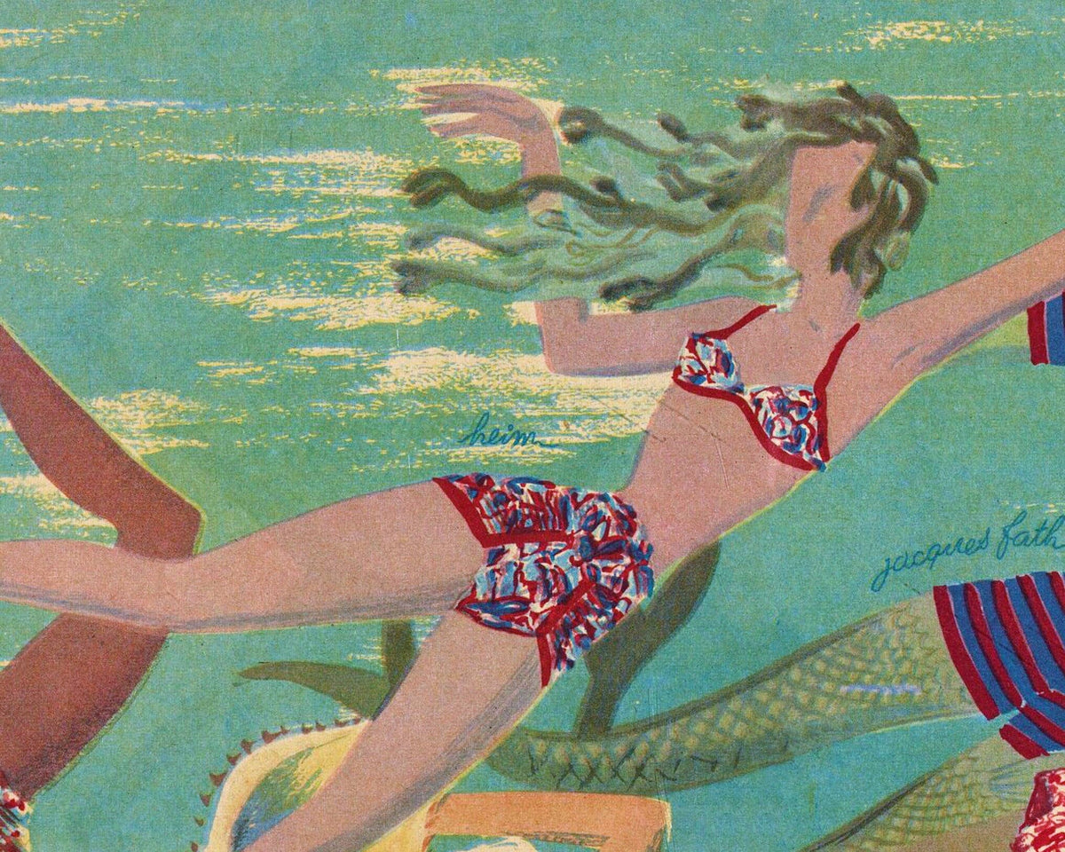 Vintage French mermaid illustration | Women in water | La Femme magazine  | Cabin, lake, bathroom wall art: 8x10 Inches