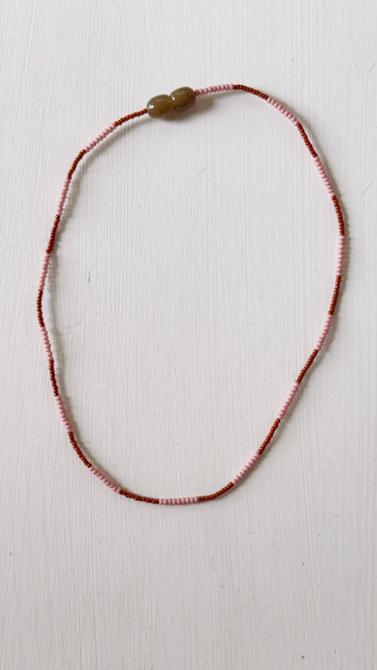 Beaded Necklace: Length 18&quot; Pink Brown