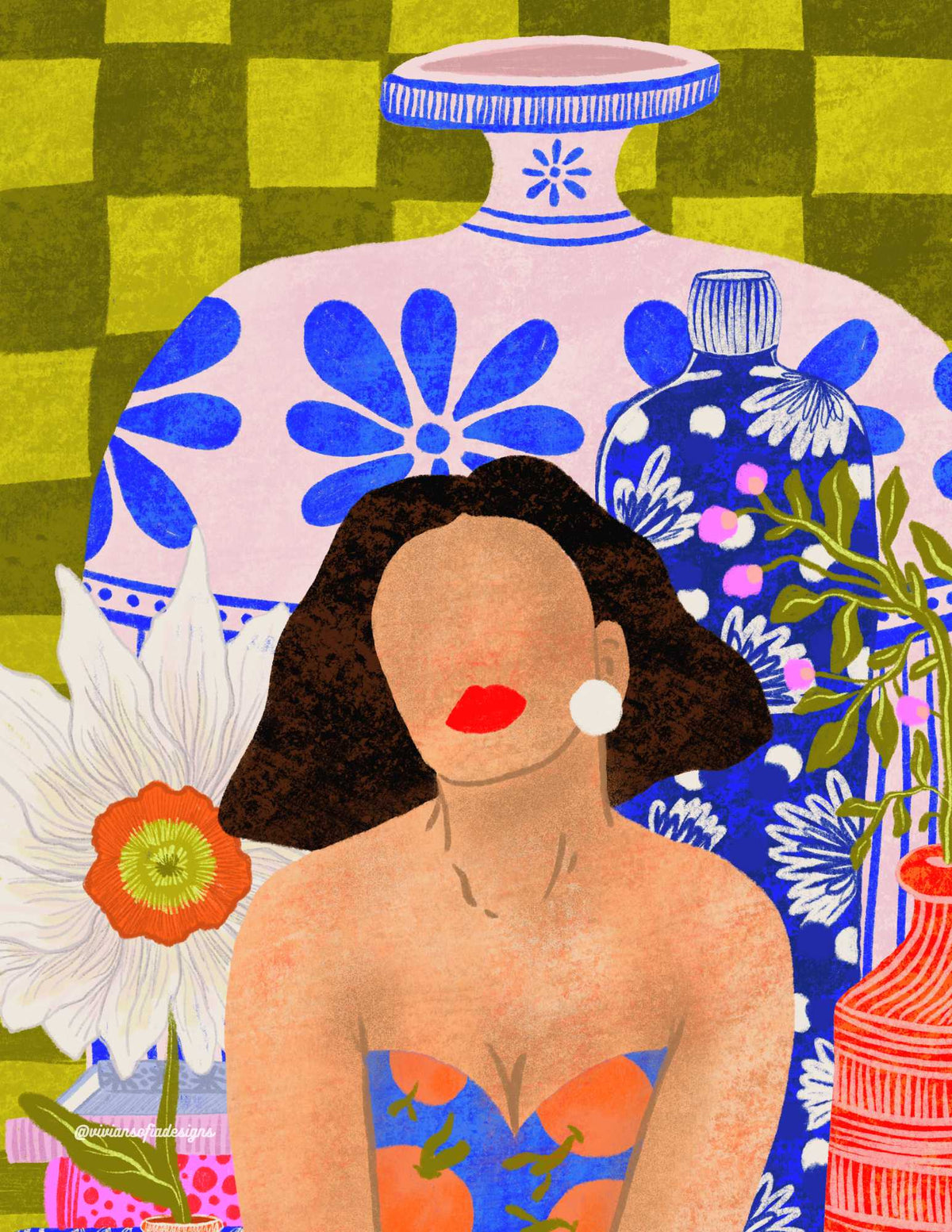 Girl with Ceramics Original Illustration Wall Art Print-A4