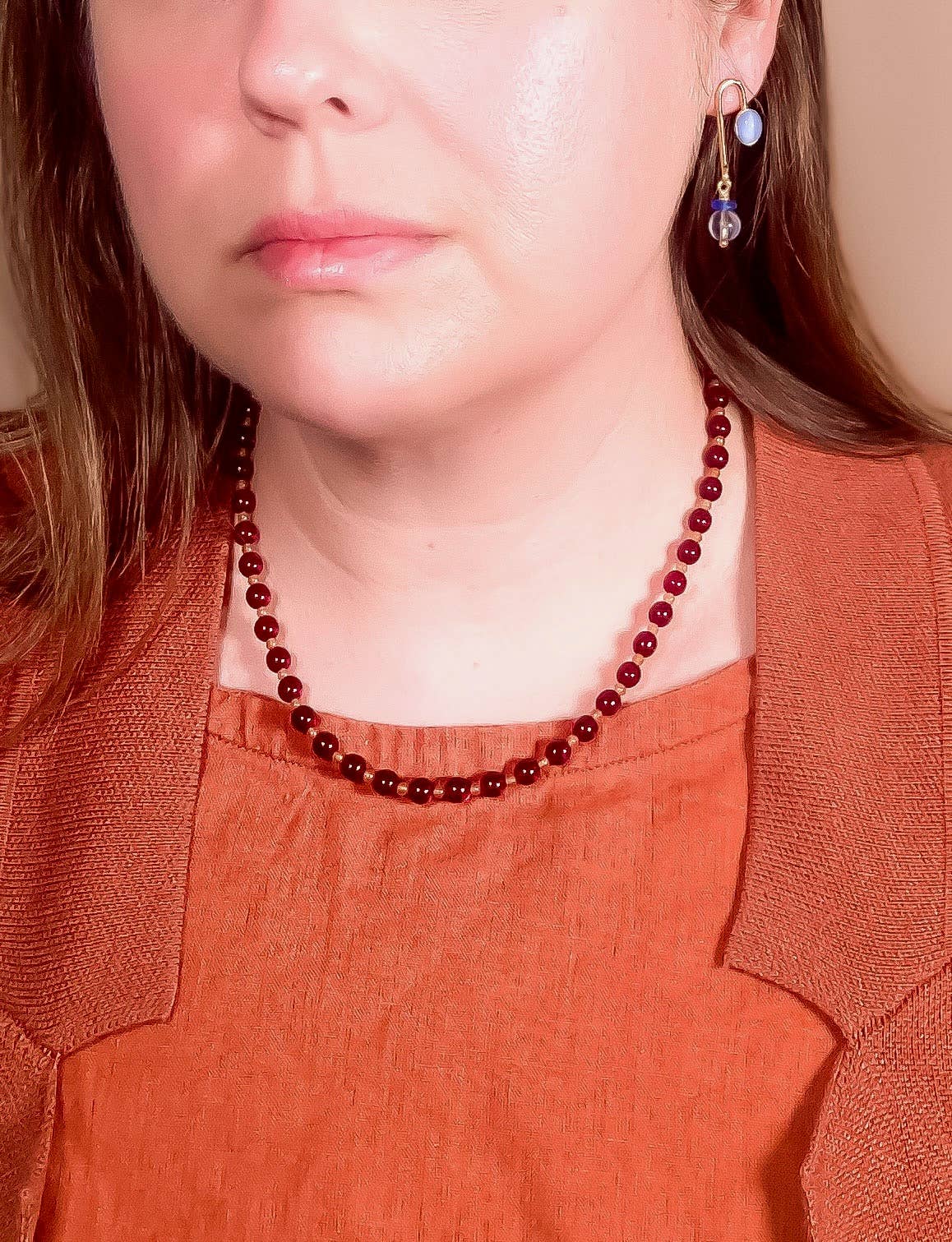 Red + Carnelian Glass Beaded Necklace: 17"