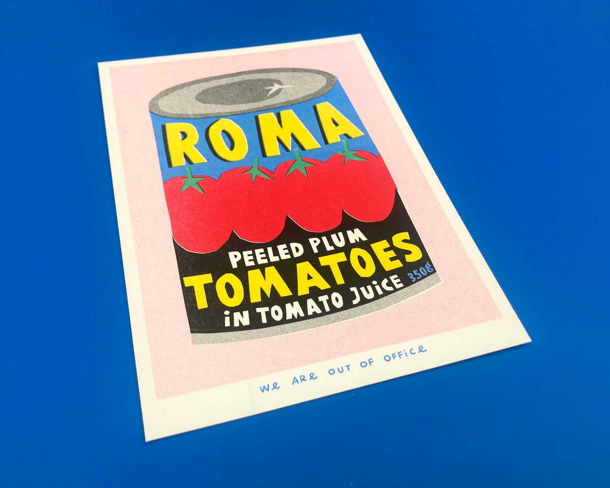 A risograph print of a can of Roma plum Tomatoes