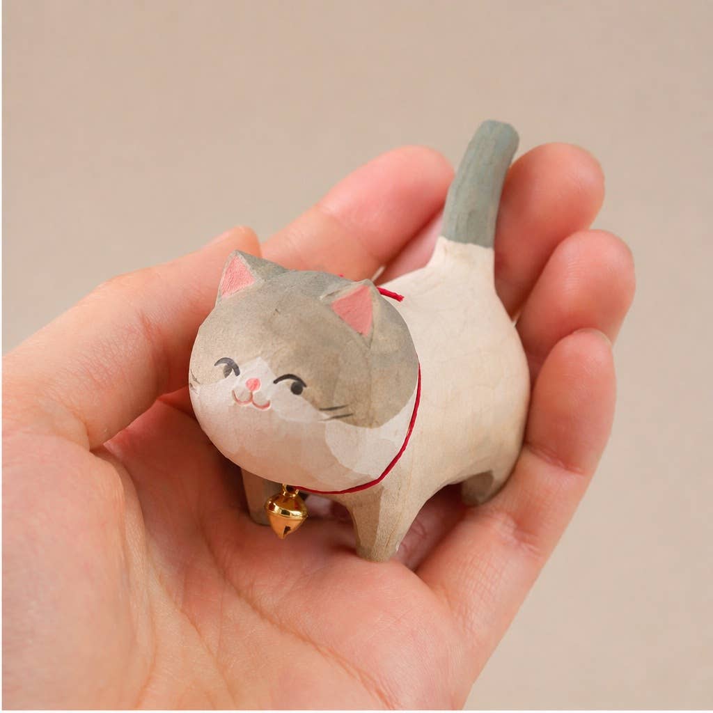 Hand-Carved Wooden Cat Figurine with Bell: A2
