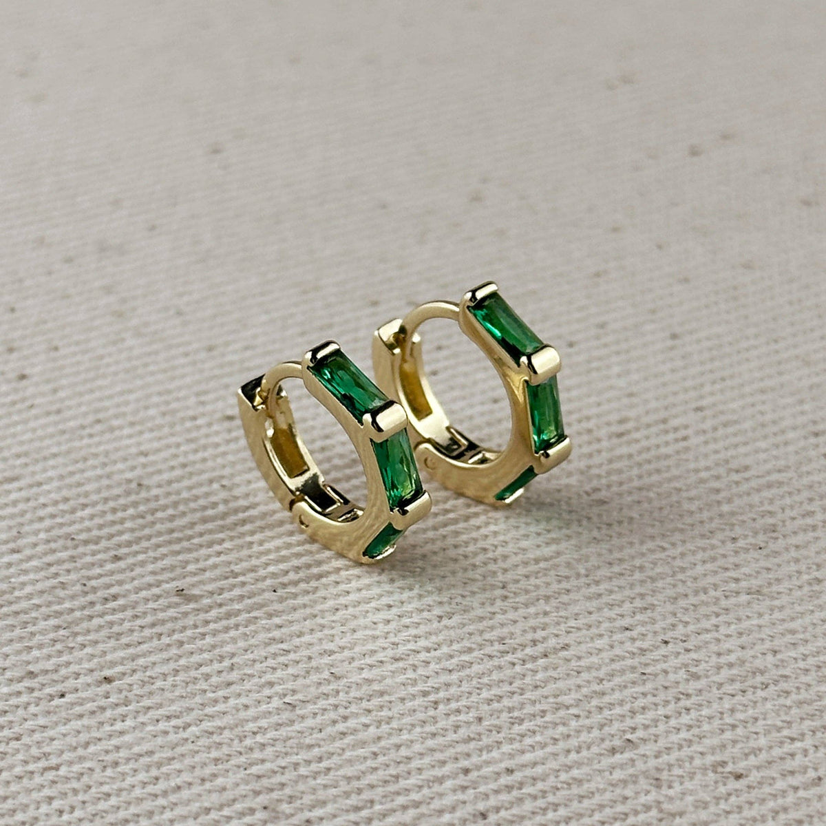 18k Gold Filled CZ huggie Hoop earring pair : Emerald