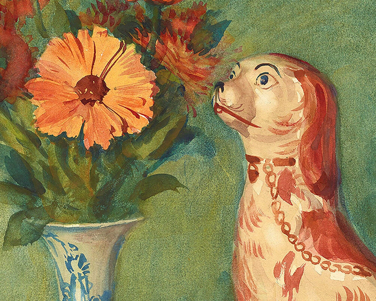 French still life | Lares et Penates |  Marigolds & Staffordshire dog | Flowers with cat, dog | Animal wall art | Art nouveau print: 8x10 Inches