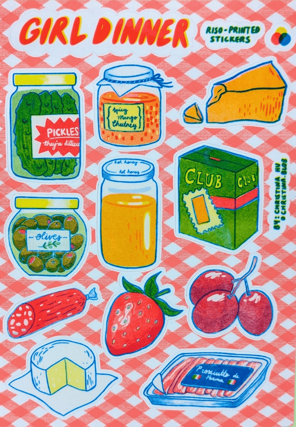 Girl Dinner Risograph Sticker Sheet | 5"x7" Waterproof Vinyl