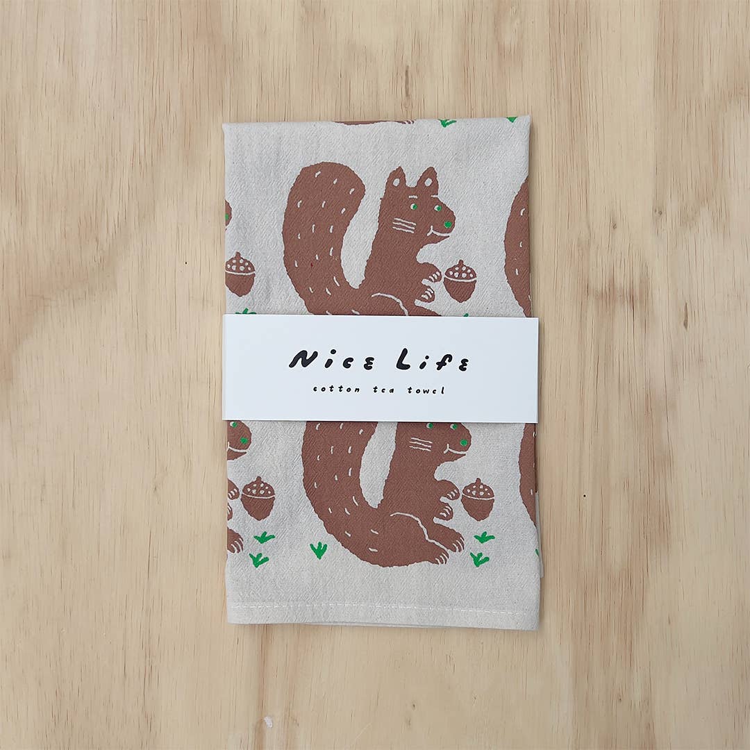 Squirrel and nut tea towel