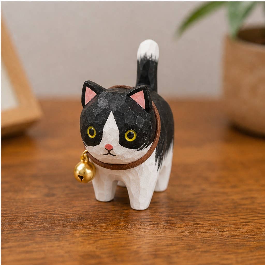 Hand-Carved Basswood Cat Figurine with Bell: A8