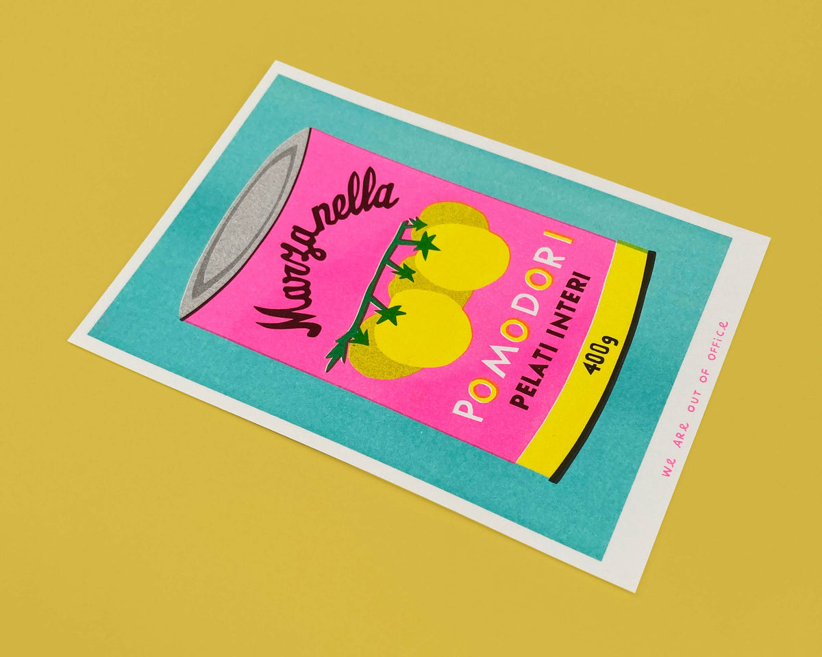 A risograph print of a can of pomodori