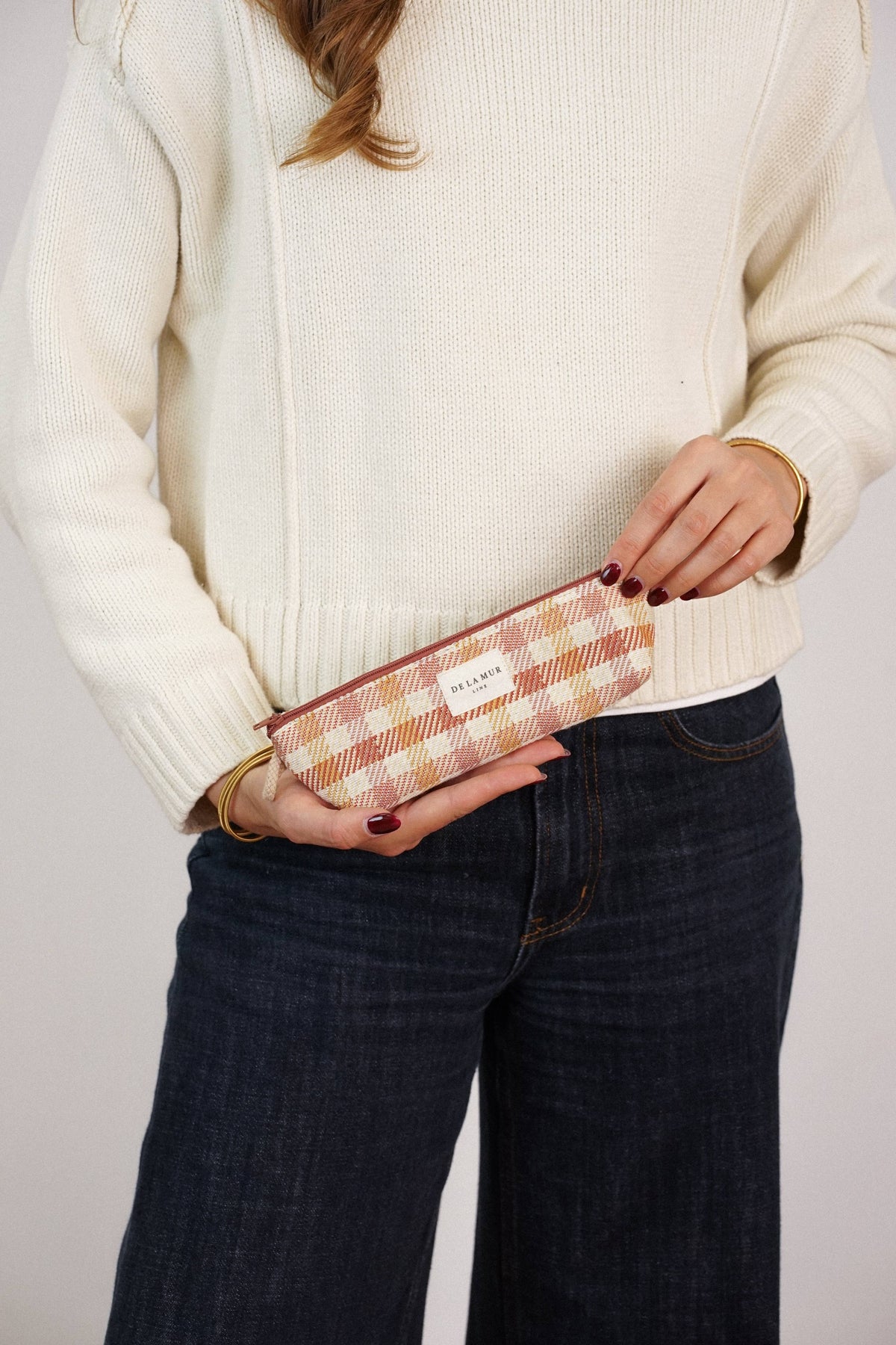 Gingham Jacquard Pencil Case – Terracotta & Orange (Zia)