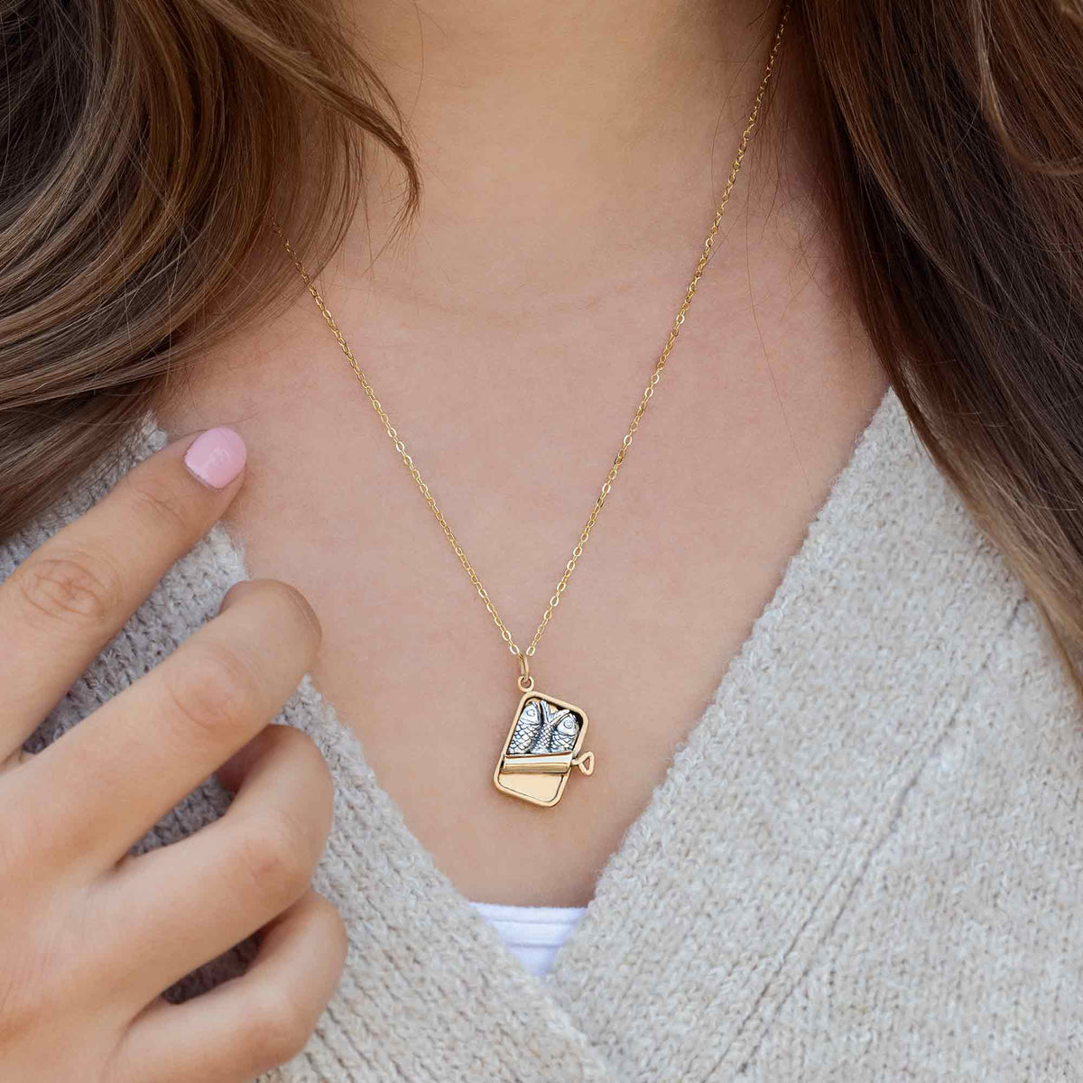 Mixed Metal Sardine Can Necklace with Gold Fill Chain