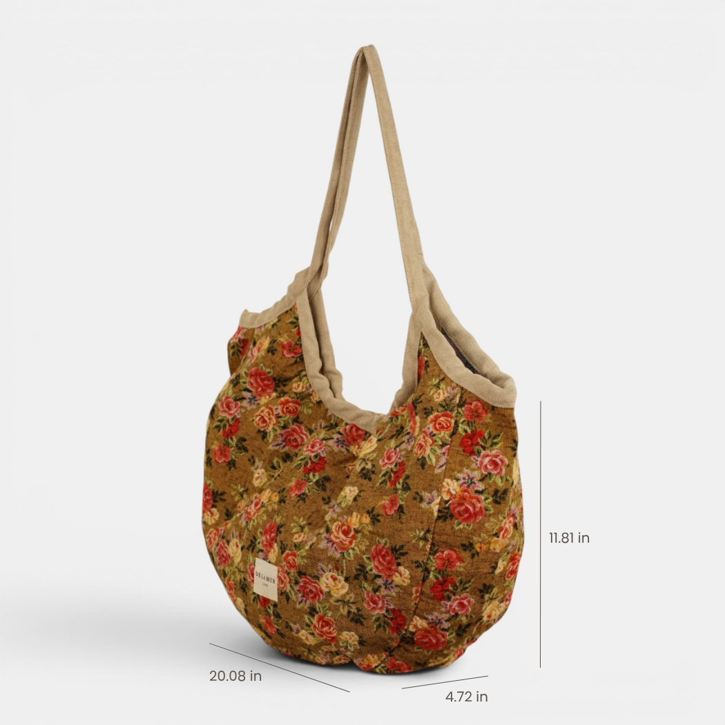 Floral Jacquard Medium Zippered Tote Bag – Mustard & Red (Esme)