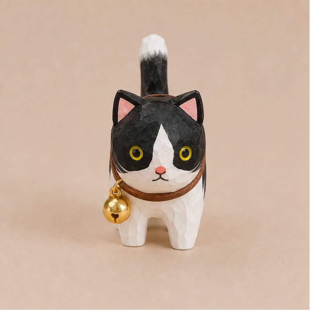 Hand-Carved Basswood Cat Figurine with Bell: A8