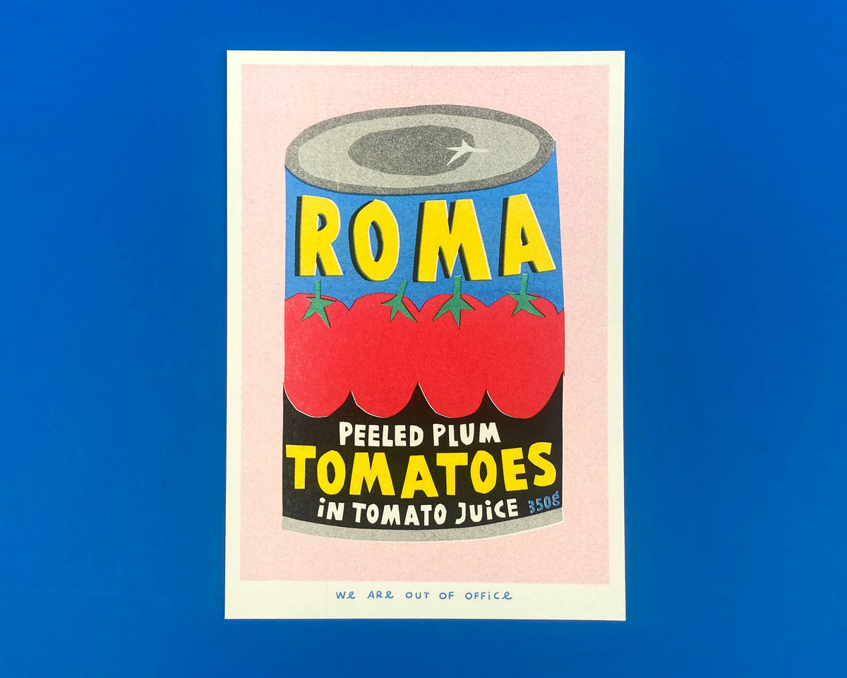 A risograph print of a can of Roma plum Tomatoes