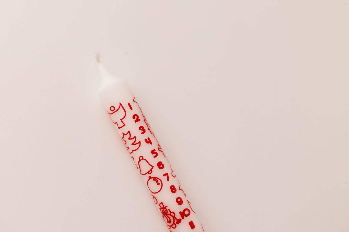 Advent Taper Candle, White w/Red Print, carton of 24
