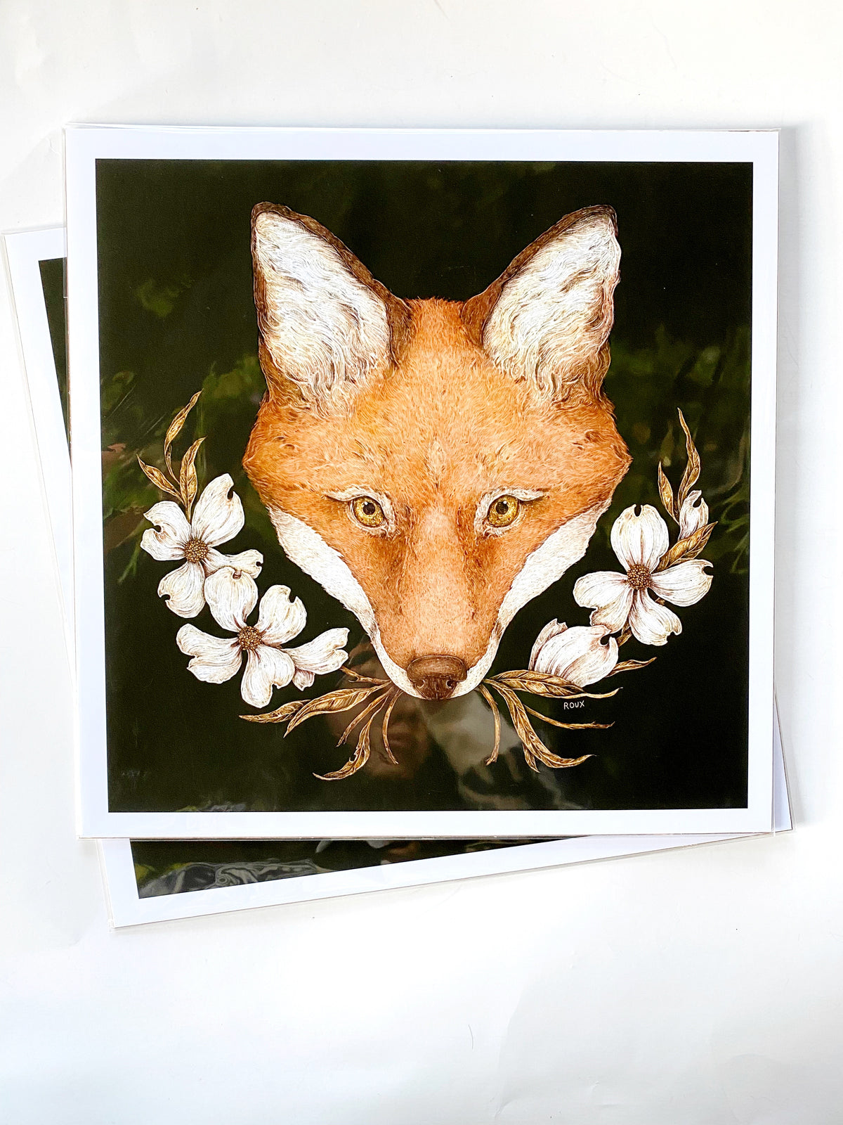 Fox and Dogwoods Print: 12” x 12”