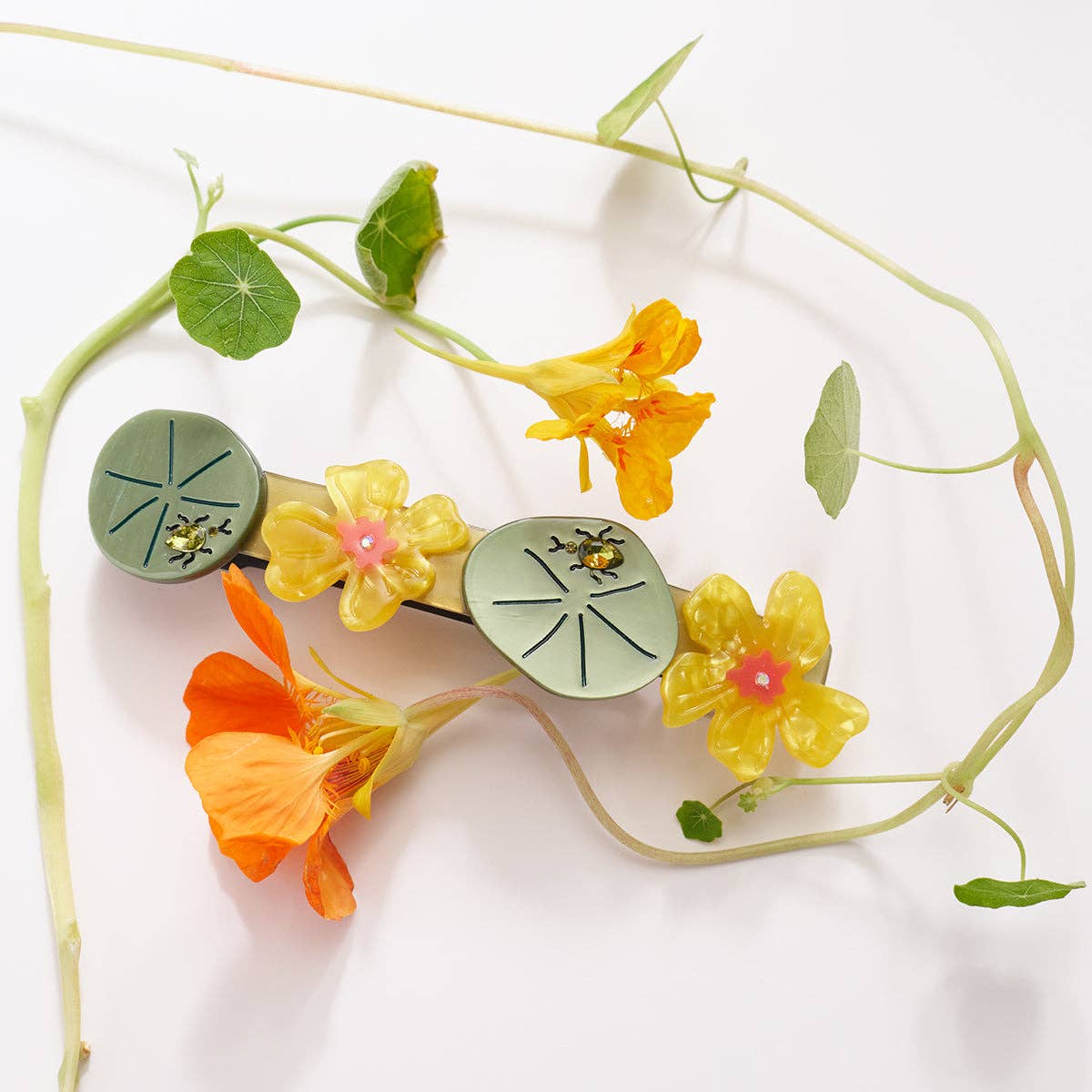 Jeweled Nasturtium French Barrette - Flower Beetle Hair Clip