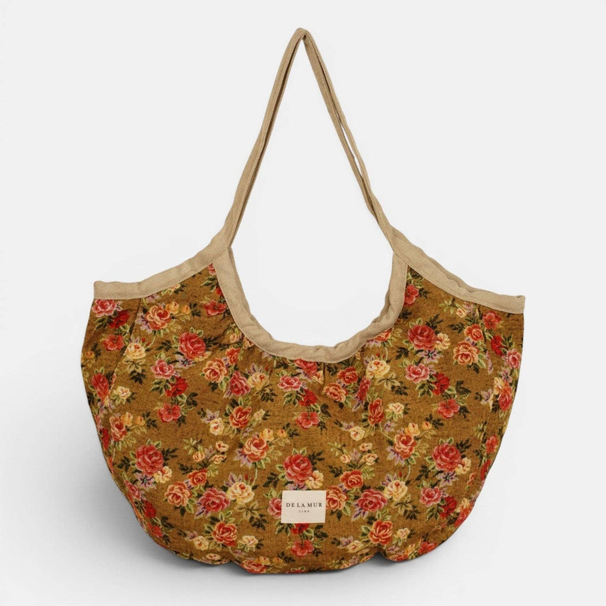 Floral Jacquard Medium Zippered Tote Bag – Mustard & Red (Esme)