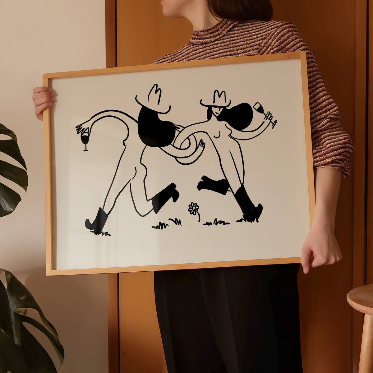 Frolicking Cowgirls With Wine Minimal Western Art Print: Medium