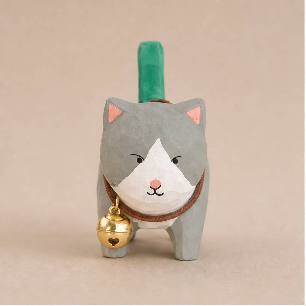 Hand-Carved Basswood Cat Figurine with Bell: A7