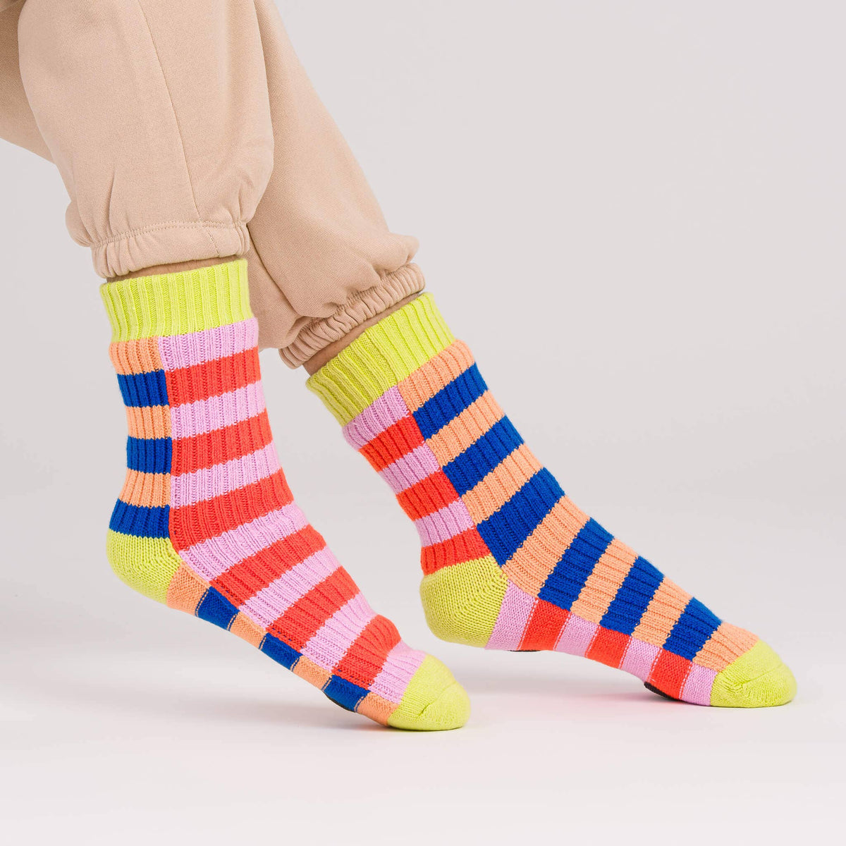 Super Stripe Knit House Socks: Cobalt Flame / S/M - W 6-9<br>M 5-7.5