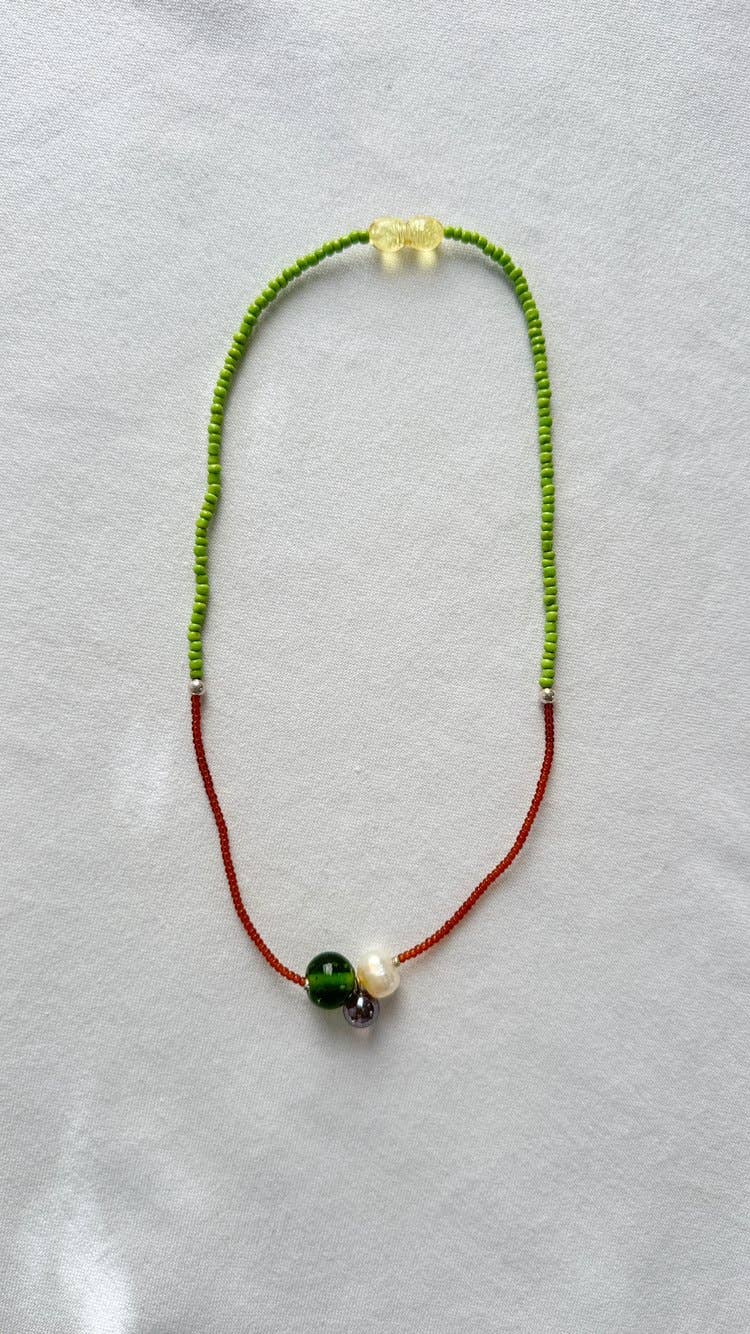 Glass and Pearl Pendant Necklace Brown Green