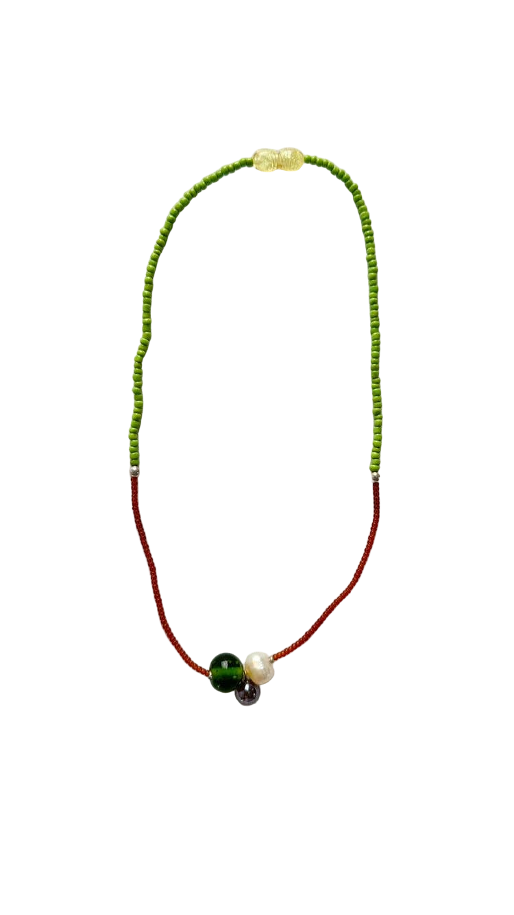 Glass and Pearl Pendant Necklace Brown Green