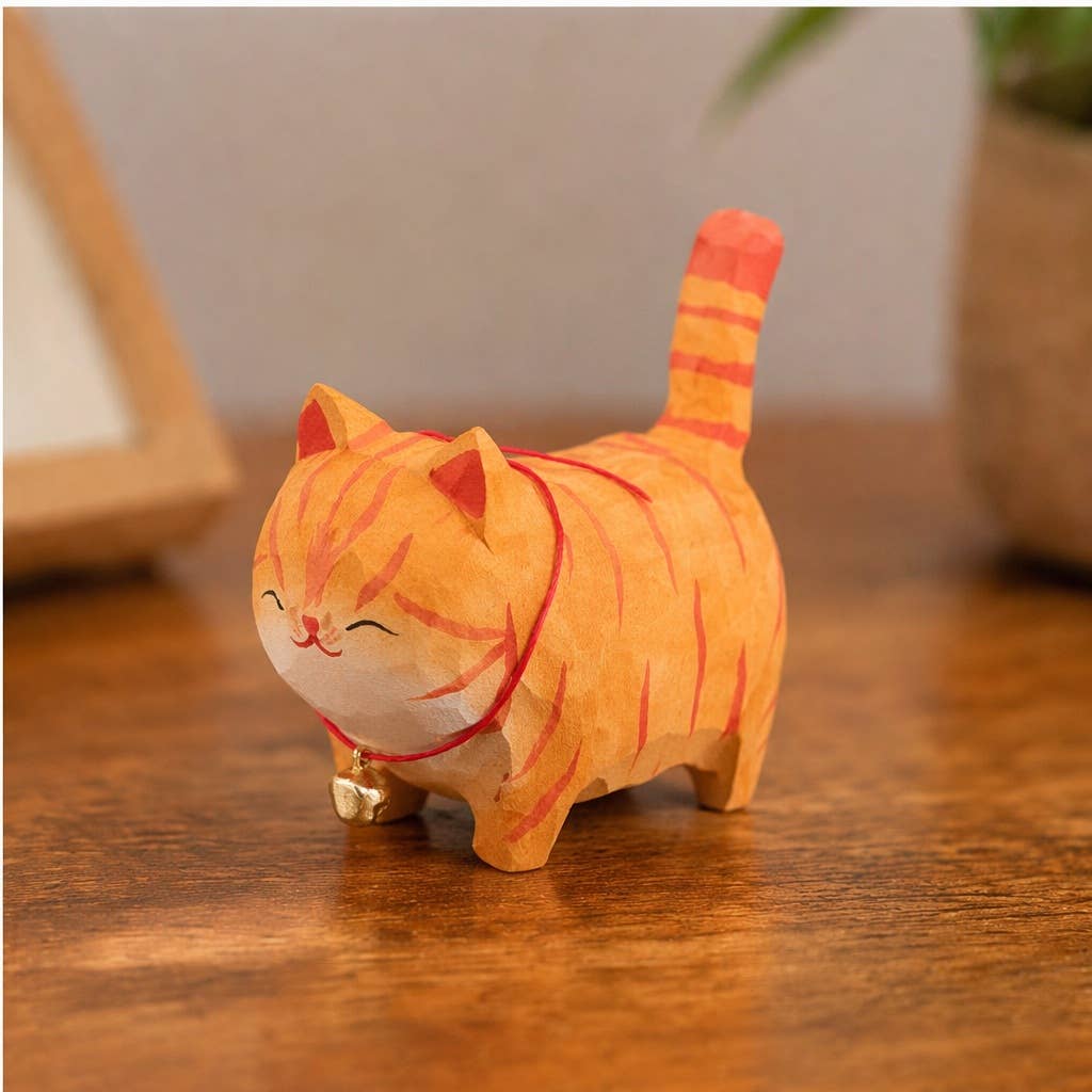Hand-Carved Wooden Cat Figurine with Bell: A1