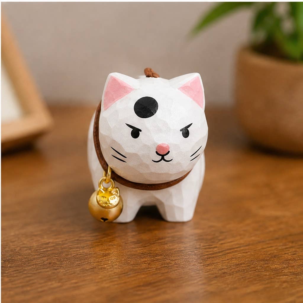 Hand-Carved Basswood Cat Figurine with Bell: A10